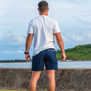 OG Shorts Navy Blue - Away at Sea back standing